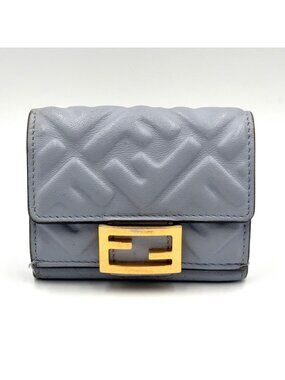 Fendi Baguette Micro Leather Light Blue Trifold Wallet Gold